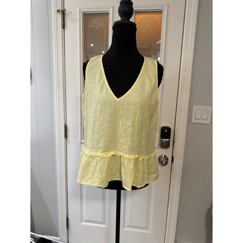 Loft Outlet Petite Yellow Linen Blend V-Neck Ruffle Peplum Tank Top SP